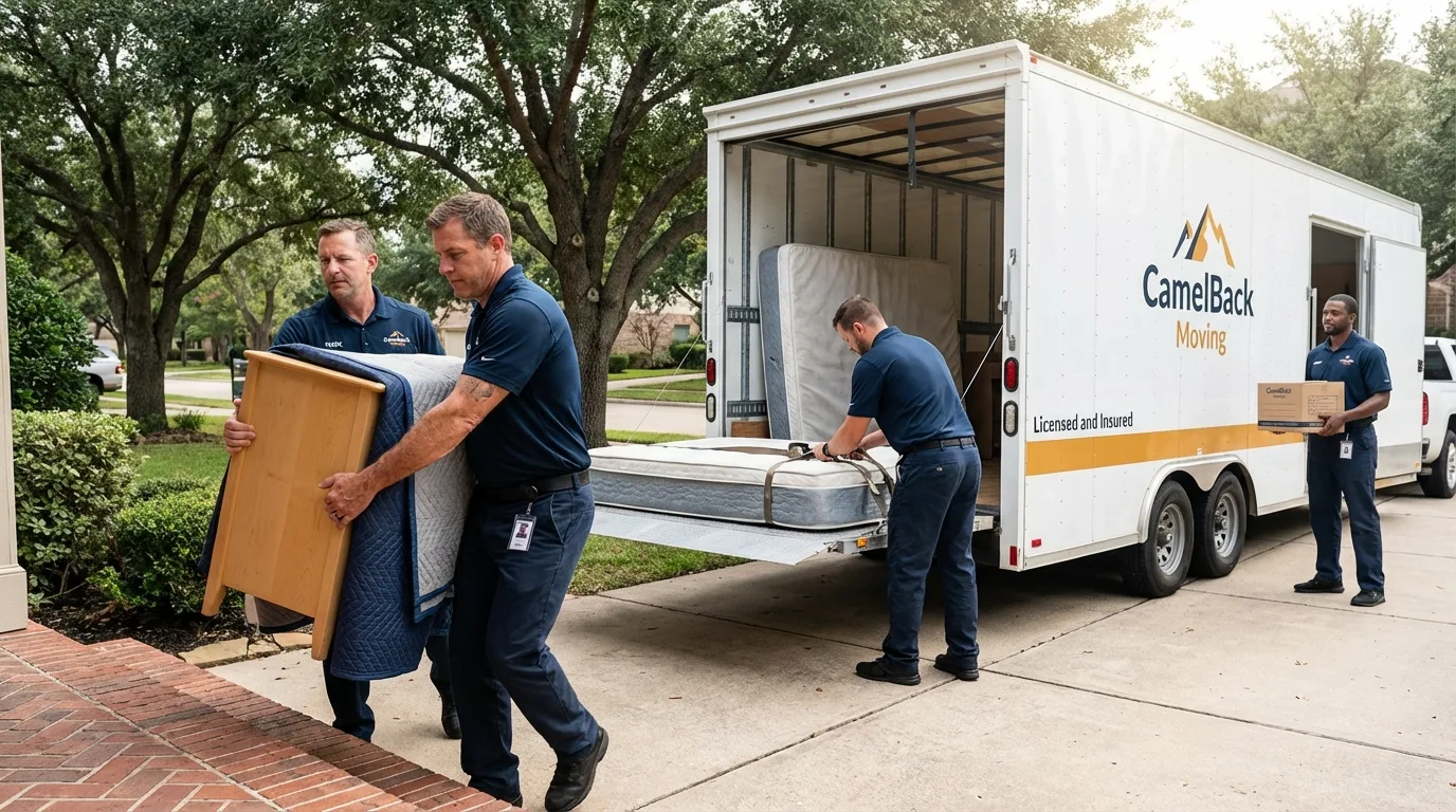 Crew loading residential truck for cross-state move from Rising Sun, IN