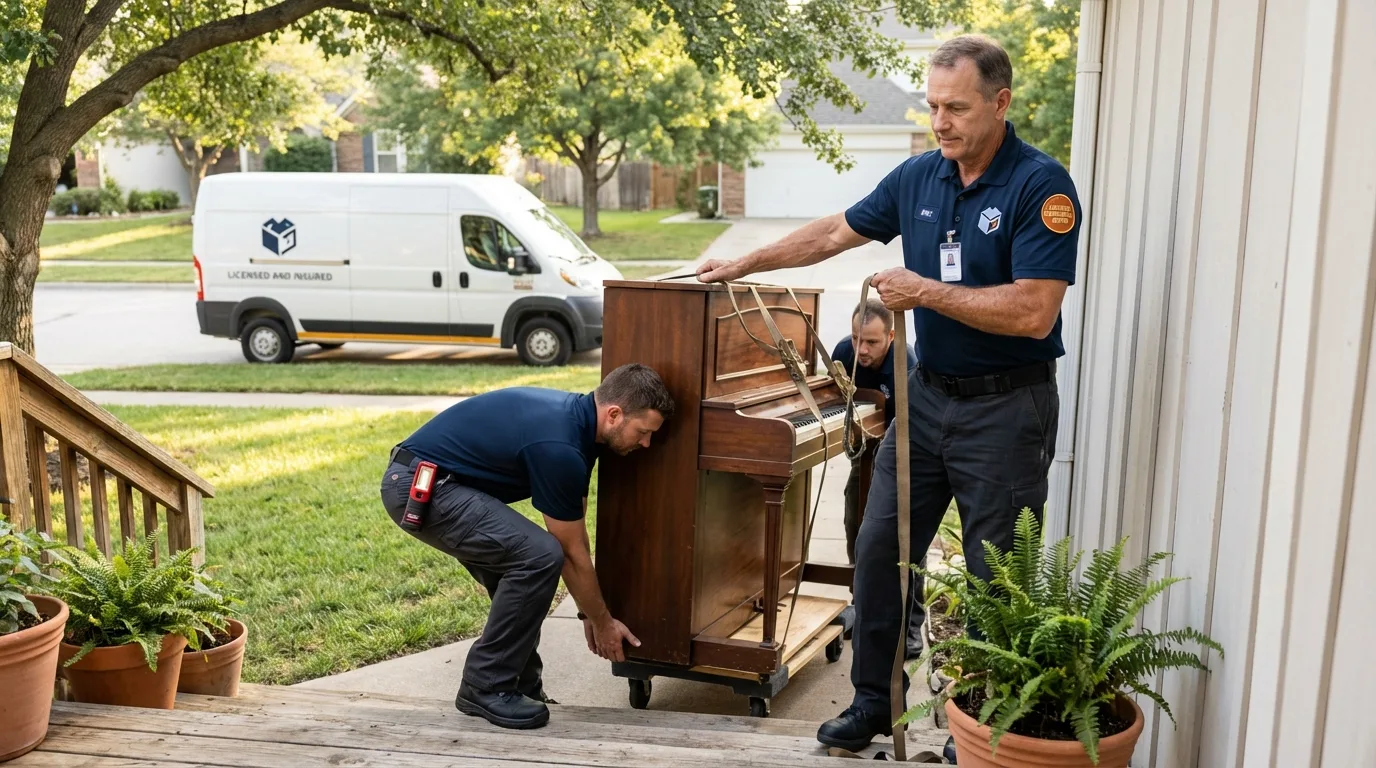 Licensed piano movers securing grand piano in Rising Sun, IN