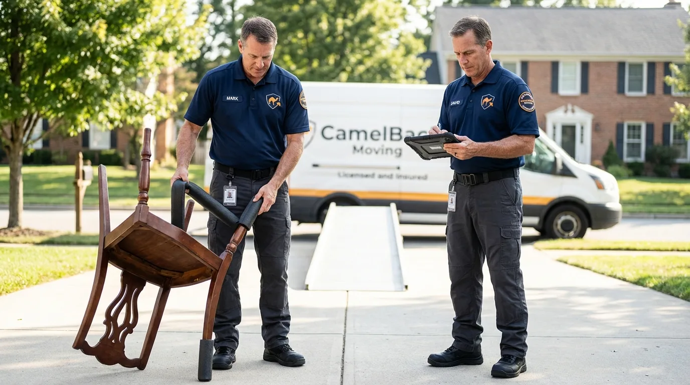 Movers inspecting furniture for damage prevention before loading in Rising Sun, IN