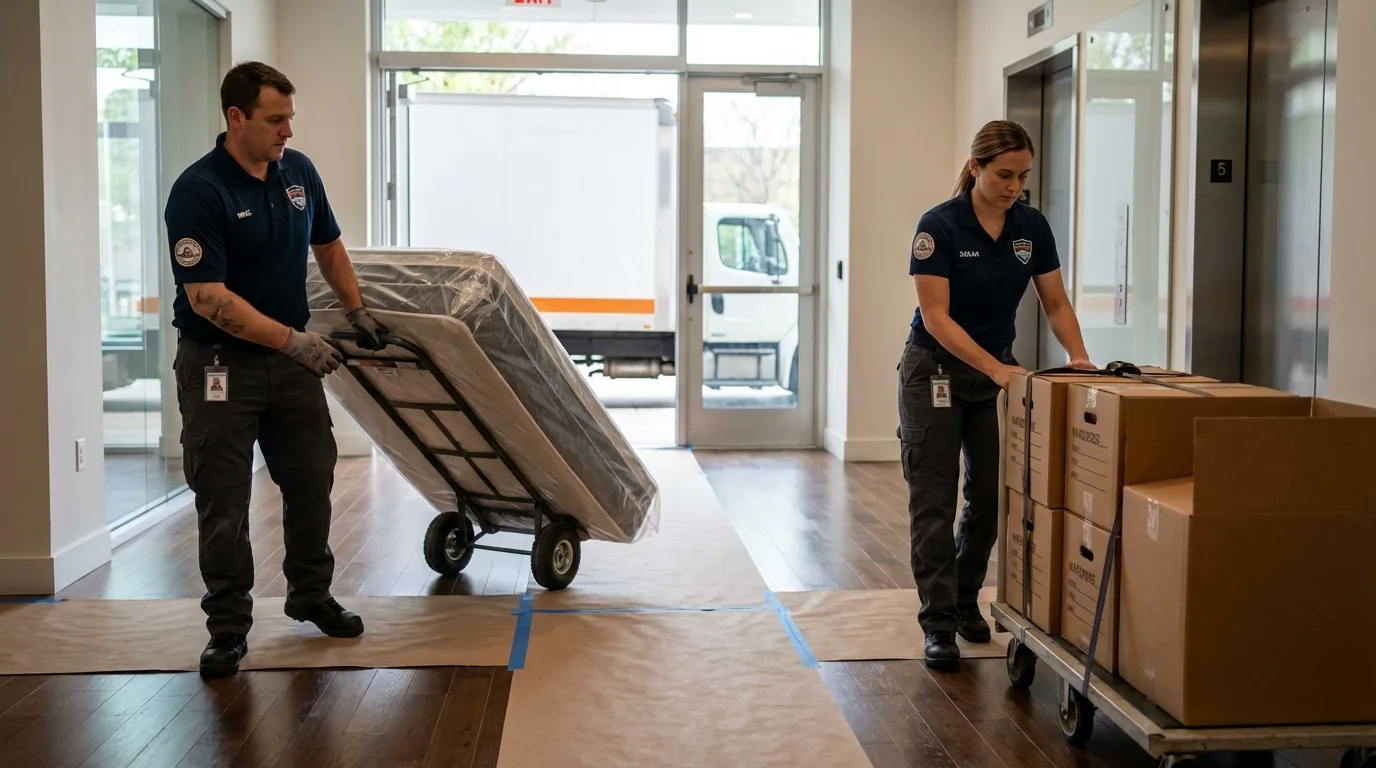 Professional apartment movers loading elevator in Rising Sun, IN