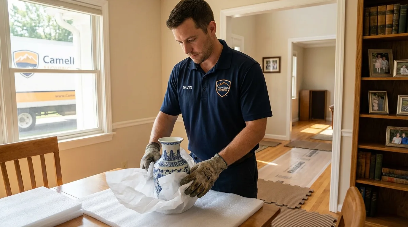 Professional crew carefully wrapping antique vase for senior downsizing move in Rising Sun, IN