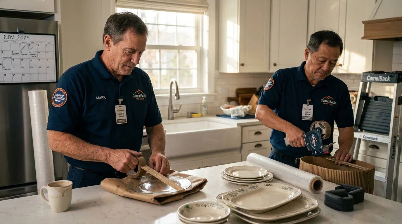 Professional crew packing kitchen dishware in Rising Sun, IN